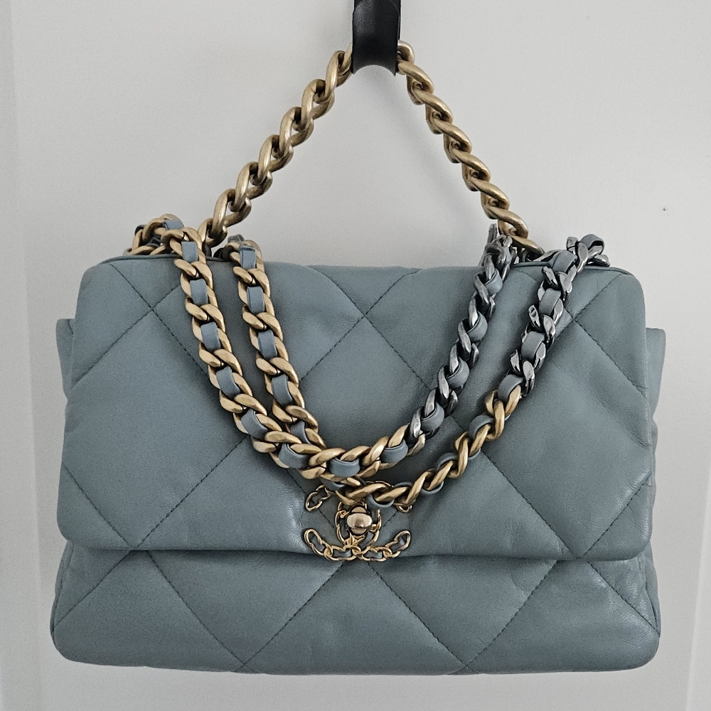 CHANEL 19 Large Goatskin Light Blue Quilted Shoulder Bag